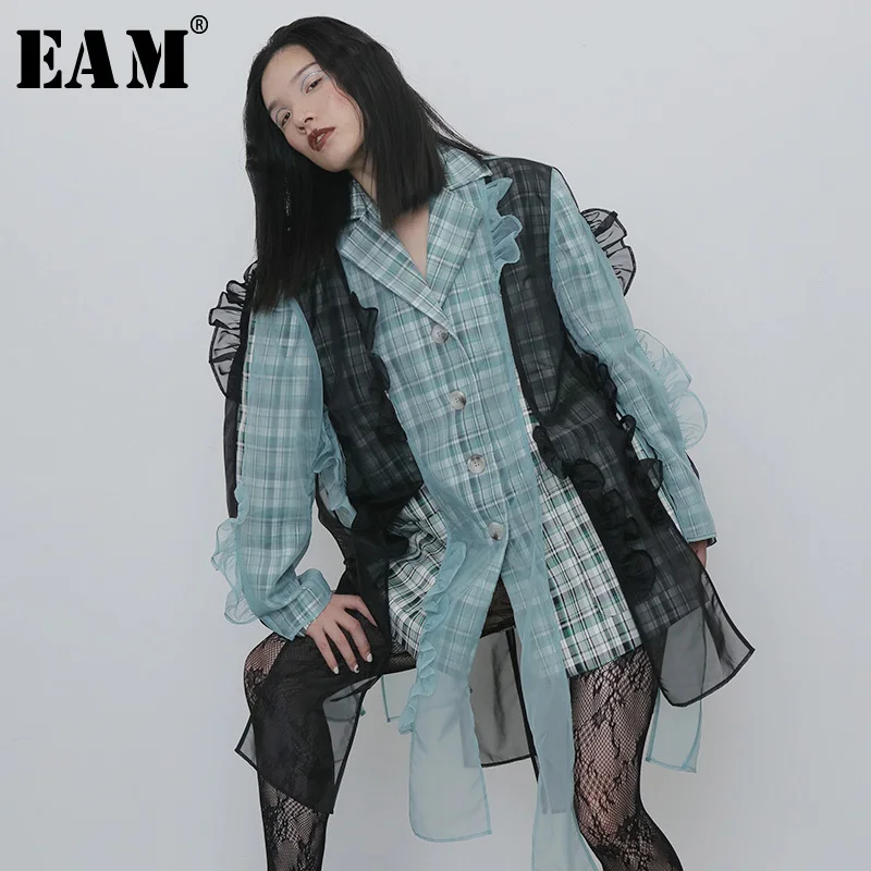 

[EAM] Women Green Ruffles Organza Big Size Blazer New Lapel Long Sleeve Loose Fit Jacket Fashion Spring Autumn 2019 1H273