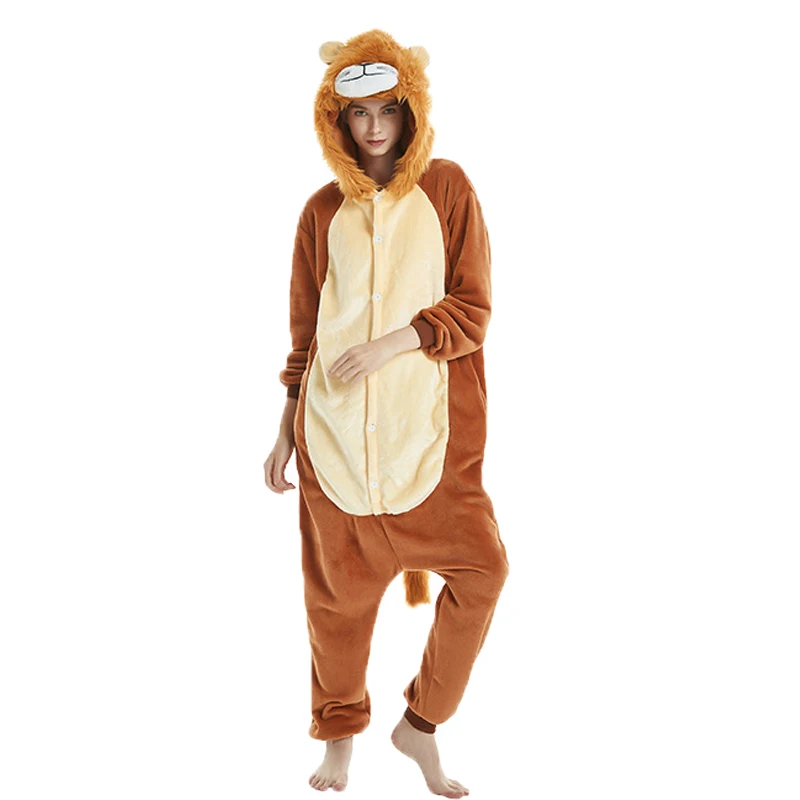 lion Kigurumi Пижама зимняя, теплая, с капюшоном животного Пижама Единорог totoro Panda Покемон стежка Cat Комбинезоны для взрослых Для женщин Для мужчин - Цвет: lion