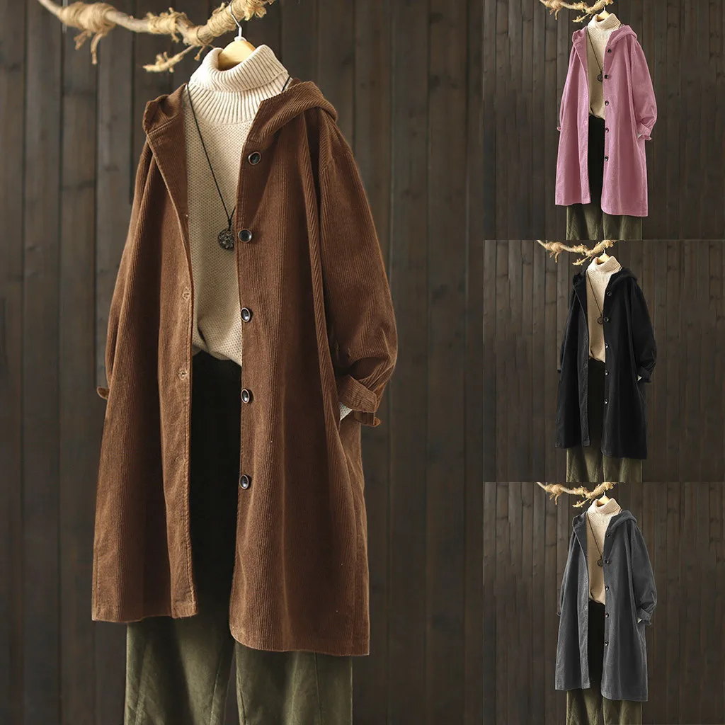 Женское однотонное свободное винтажное пальто с пуговицами и карманами размера