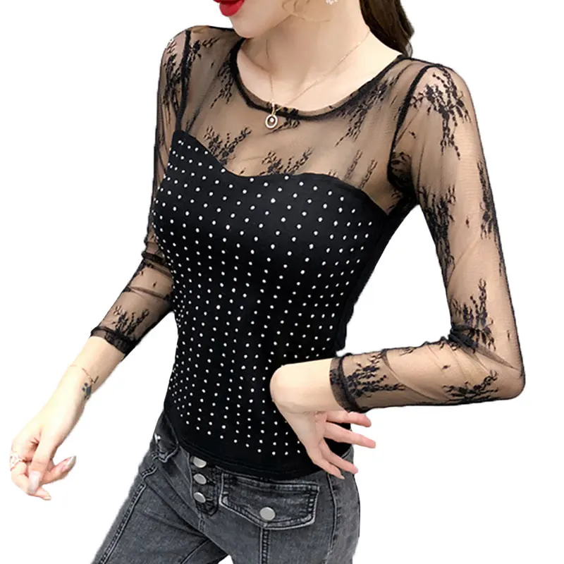 

Fashion Black Sexy Women Long Sleeve See Through Tops 2020 Spring Autumn Ladies T- shirts t shirt Lace T-shirts Casual Tops