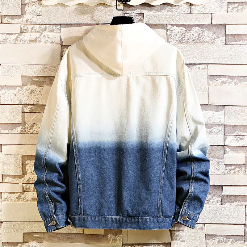 Idopy Men`s Fashion Denim Jacket Street Style Gradual Color Hip Hop Loose Fit Jeans Coat Plus Size M-5XL