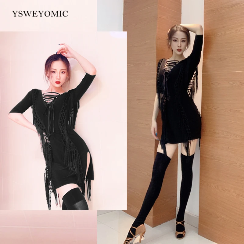 

2020 Latin Dance Practice Costume Female Retro Knitted Fringed Dress Professional Latin Competition Performance Stage Dress L274