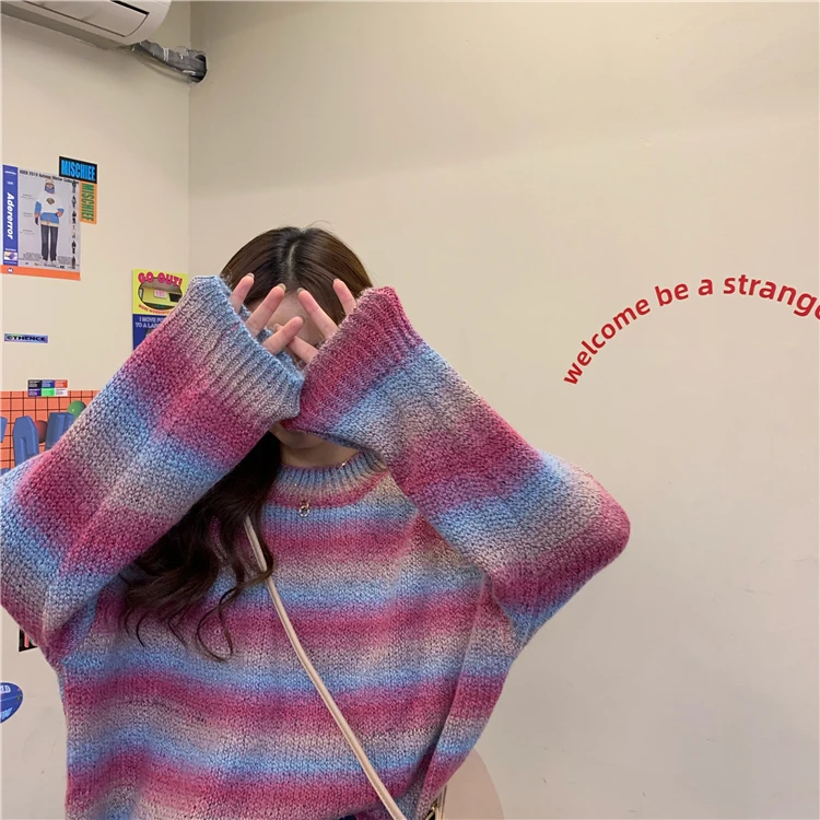 Женские свитера японский Kawaii Ulzzang ретро милый ленивый Радужный полосатый свитер женский корейский Harajuku одежда для женщин