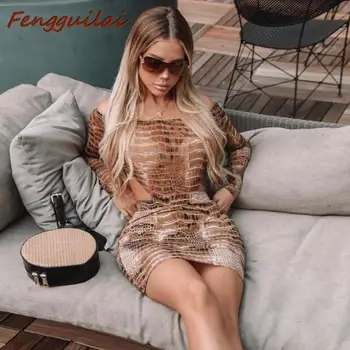 

FENGGUILAI Best Selling Printed Long-sleeved One-shoulder Bodysuit Mini Skirt Two-piece Suit Women Sexy Club Two-piece