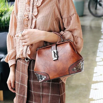 

Fashion Women Handbags Rivets Vintage Pu Leather Waterproof Crossbody Shoulder Bag Doctor Bags Female Totes Torebka Damska