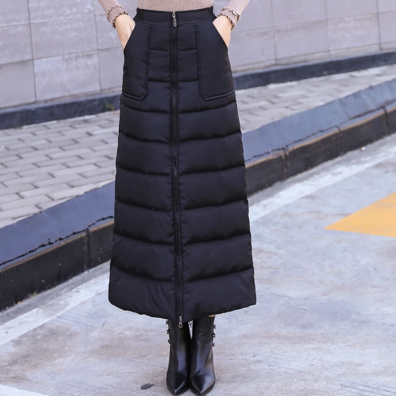 Женская утепленная юбка длинная хлопковая на осень и зиму с высокой талией