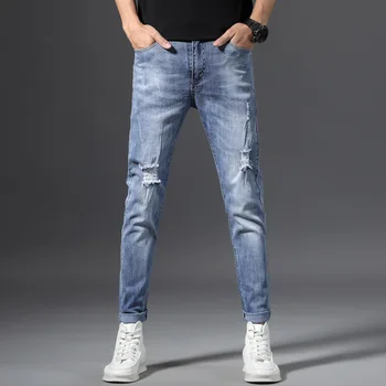 

Jeans Male Season Leisure Men Jeans Zi Trend Elastic Force Slim Fit Hole Feet Male Pants