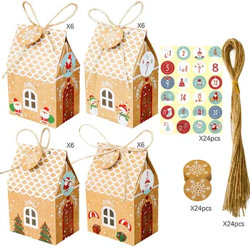 

24PCS Christmas House Goodies Bags Christmas Kraft Gift Bags with Tags Merry Christmas Guests Packaging Boxes Party Decor