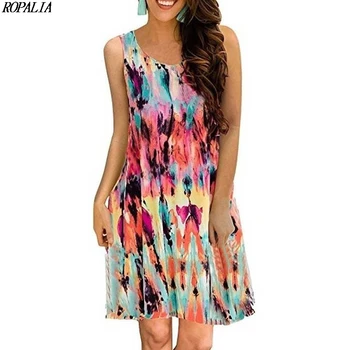 

2019 Summer Women Floral Print Dress Vintage Style O Neck Sleeveless Pullover A-Line Dress with Pockets