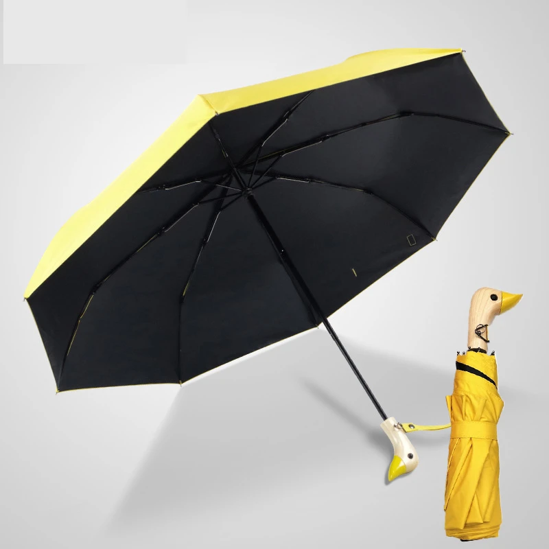 Semi-automatic Sun Umbrella Cute Duck Head Wood Handle 8k 2 Folding  Windproof Black Coating Uv Protection Women Rain Umbrellas - Umbrellas -  AliExpress