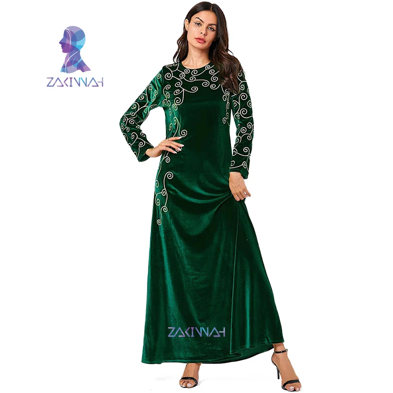 9092 Новая мода мусульманского размера плюс вышитое Золотое бархатное платье