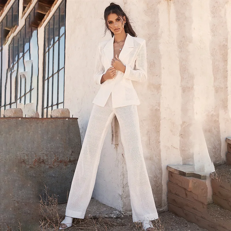 High Quality White V-neck Long Sleeve 2 Pieces Set Fashion Set Evening Party Set