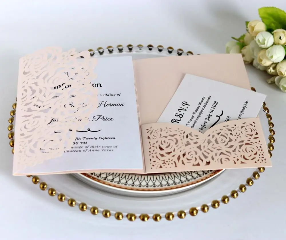 18*12.5cm Three Folds Hollow White Invitation Greeting Card Hotel Wedding Pink Invitation Card Customize Supplies 10pc
