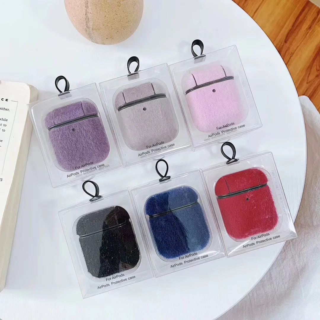 Зимний пушистый велюровый чехол для наушников Airpods 1 2 Чехол простой карамельный цвет теплый чехол для наушников встроенный крючок для наушников Подарочный чехол