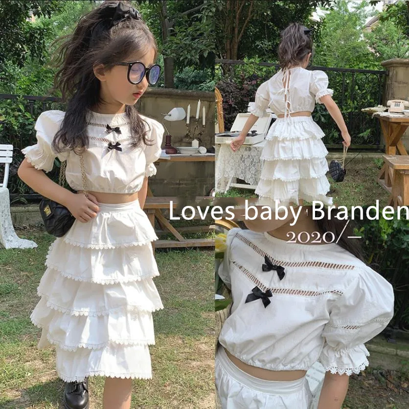 Girls summer new sets teenage white Backless tops + lace Cake skirt 2 pcs bow suits children clothes 4-14Y ws1665 | Детская одежда и