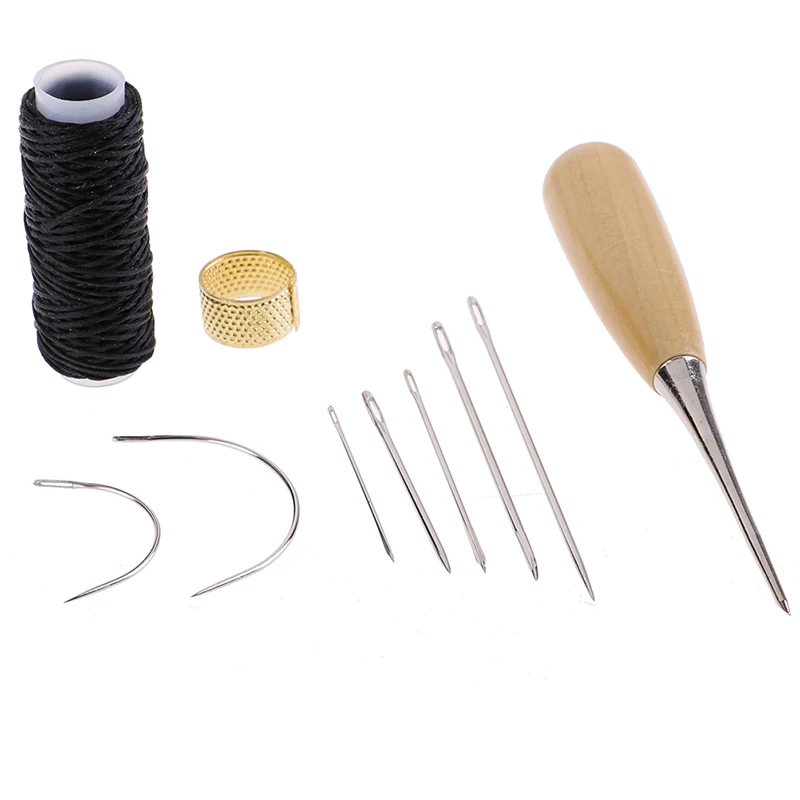 1Set Leather Sewing Needles Stitching Awl Needle Thread Thimble Shoe Repair HB 