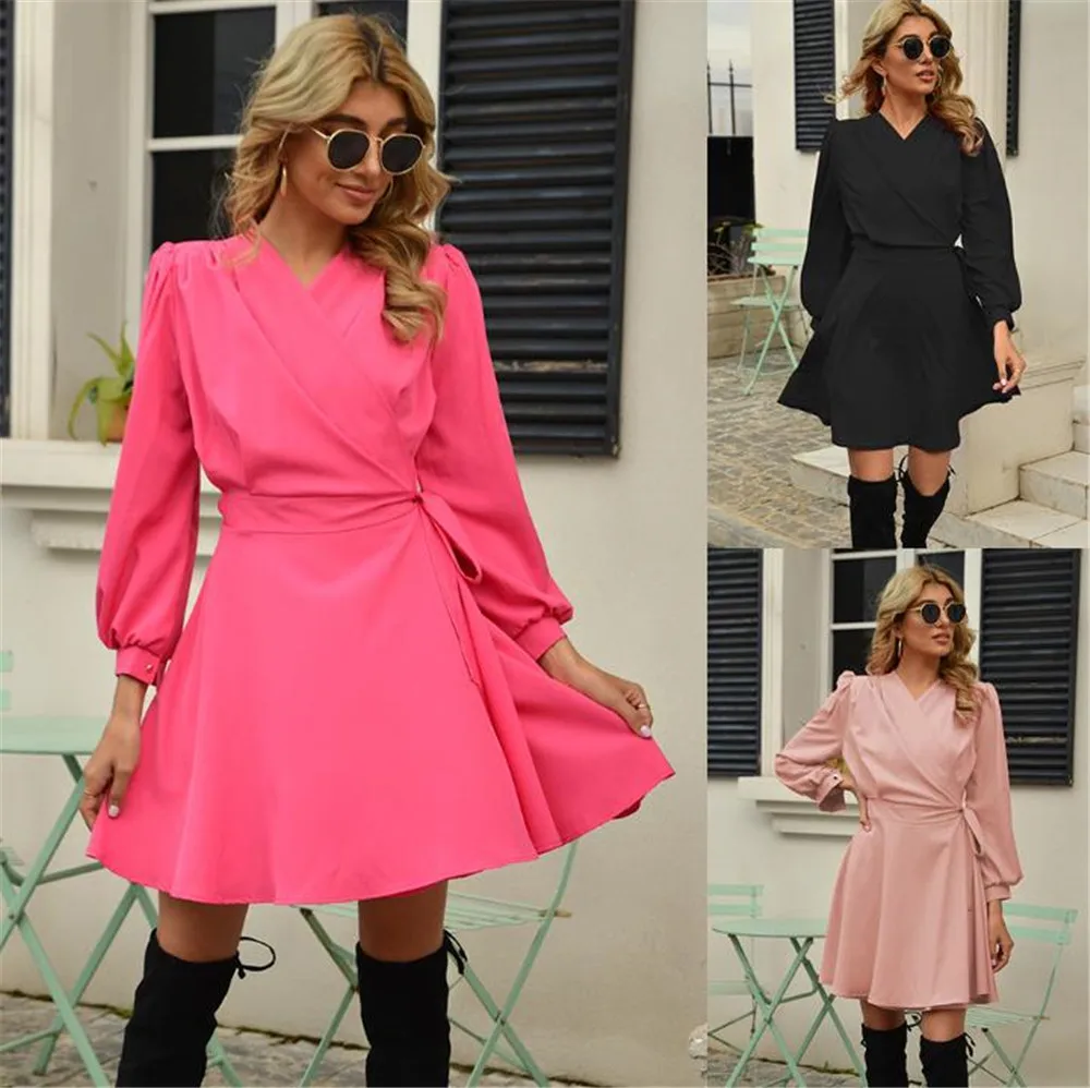 

Dress Woman Drawstring Solid Color Long Sleeve A Line Dress Elegant Fashion Autunm Casual Daliy Female Clothes