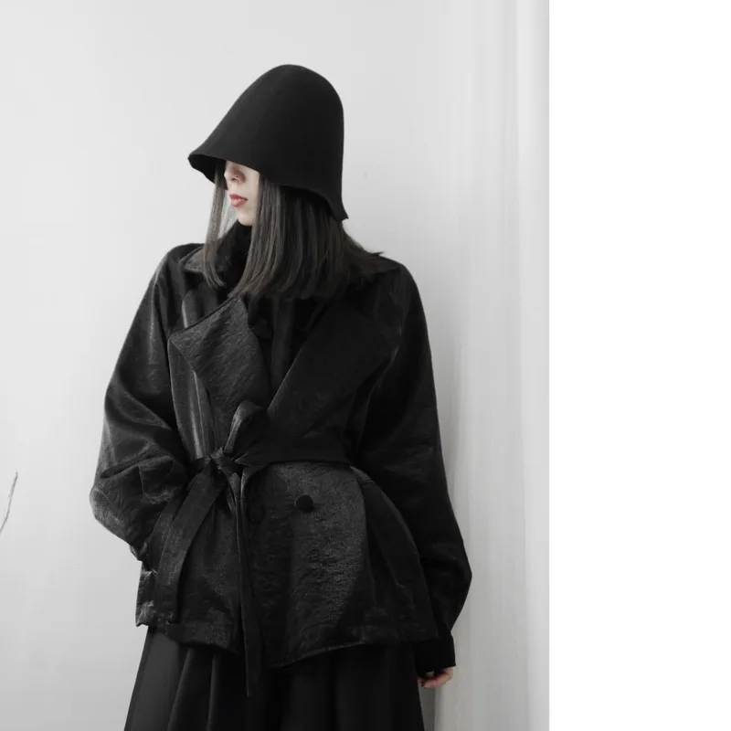 LANMREM Solid Color Coat Autumn And Winter New Women's Flash Satin Retro Lapel Long-sleeved Lace Short Coat 19B-a250