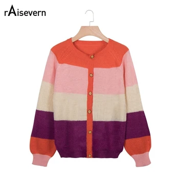 

Raisevern Patchwork Casual Sweater Button Cardigan Coat Full Sleeve Striped Color Block Fashion Female Sweater