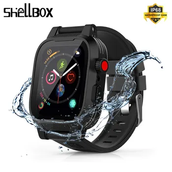 

SHELLBOX Waterproof Case For Apple Watch 5 4 Series iWatch Bands 44mm Silicone Strap 40mm Bracelet Smart Watch Accessories Strap