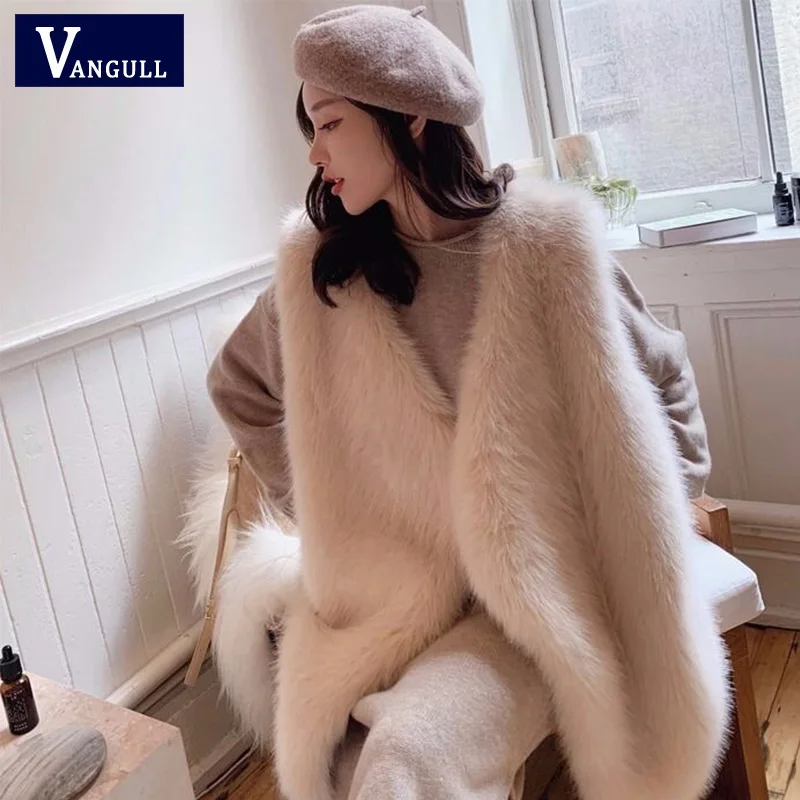

Vangull Faux Fox Fur Vest Women Winter Fashion Medium Long Artificial Fox Fur Vests Woman Warm Fake Fox Fur Coats Female Ladies