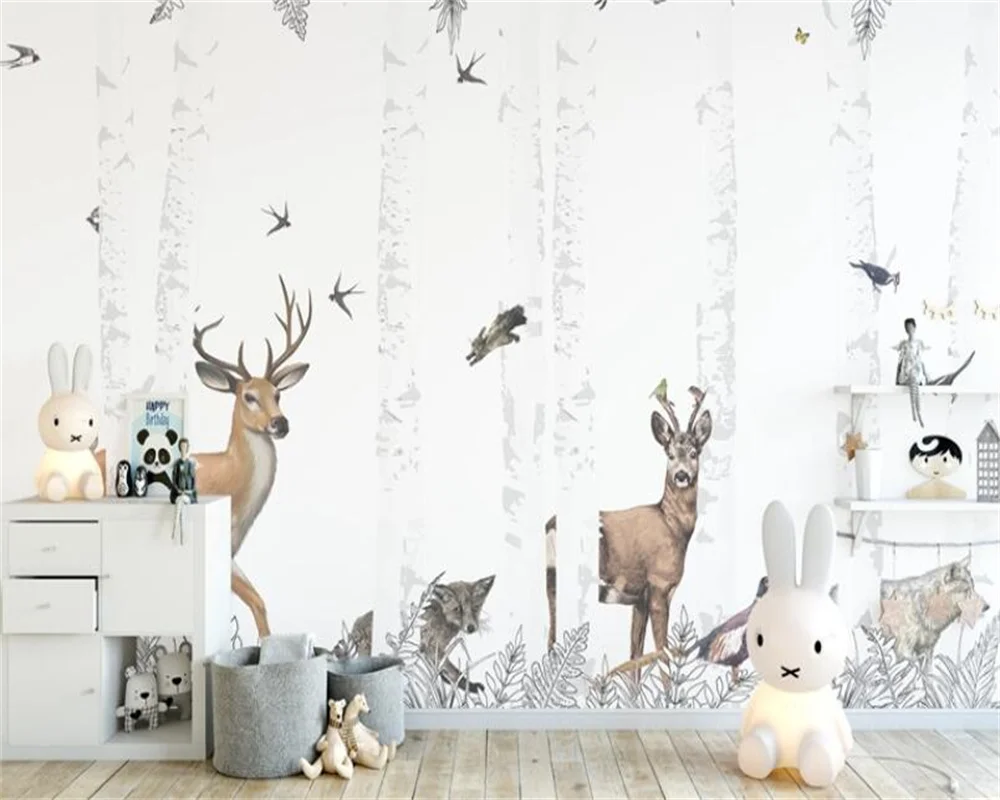 Personalizado Mural Wood Plank Wallpaper Decoração de Casa Sala de Estar Quarto Pintado à Mão Selva Animal Floresta 3d Tamanho