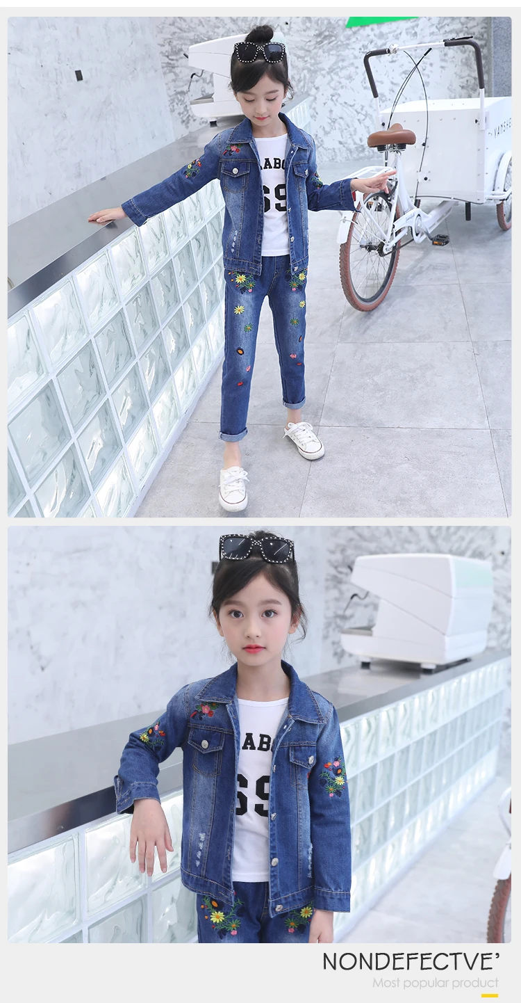 Fall Kids Garments Long Sleeve Denim Jacket Spring Set Outfit Embroidery Flower Design Jeans Girls Clothing Sets