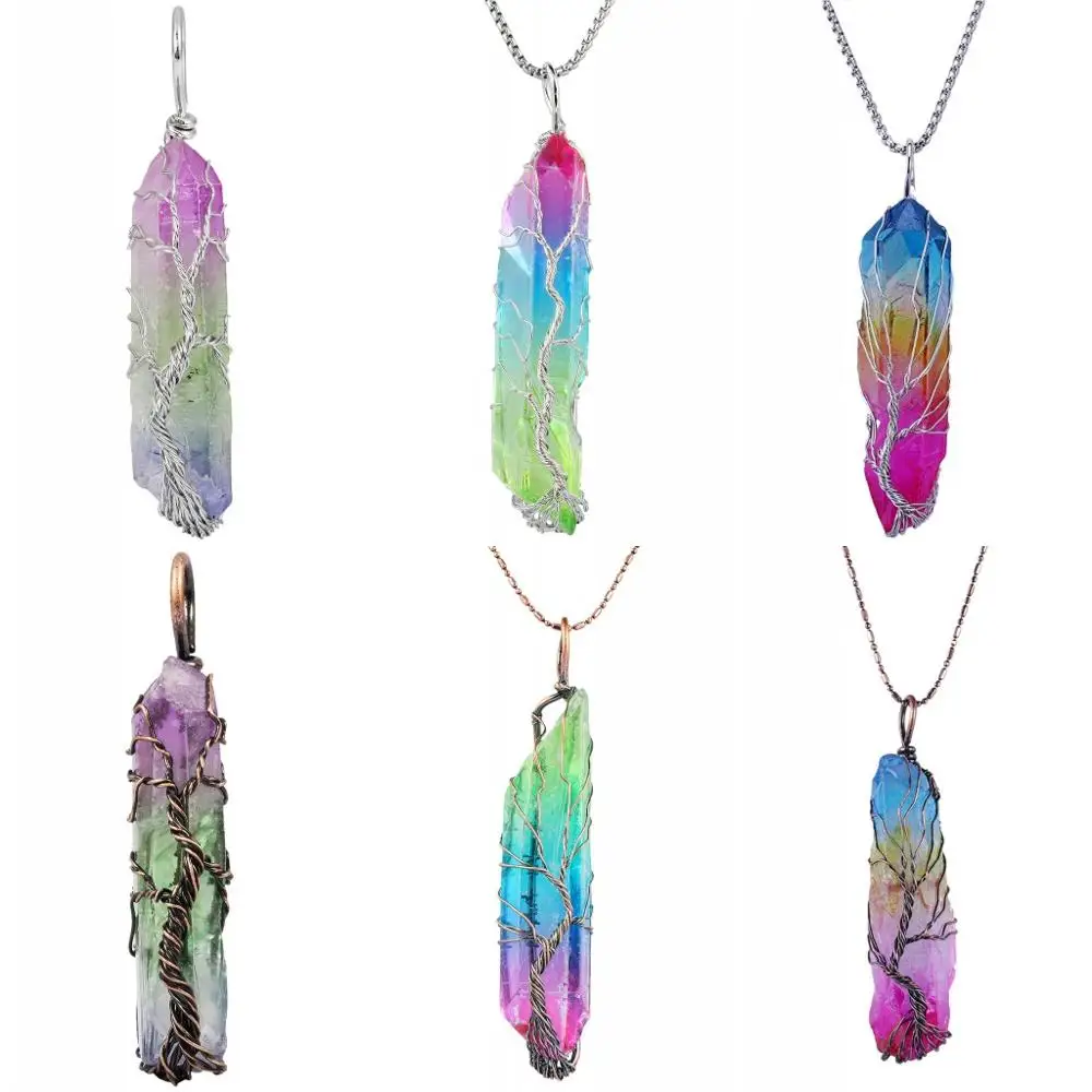 

SUNYIK Natural Titanium Angel Aura Quartz Crystal Point Wire Wrapped Tree of Life Pendant Necklace (Free Chain)
