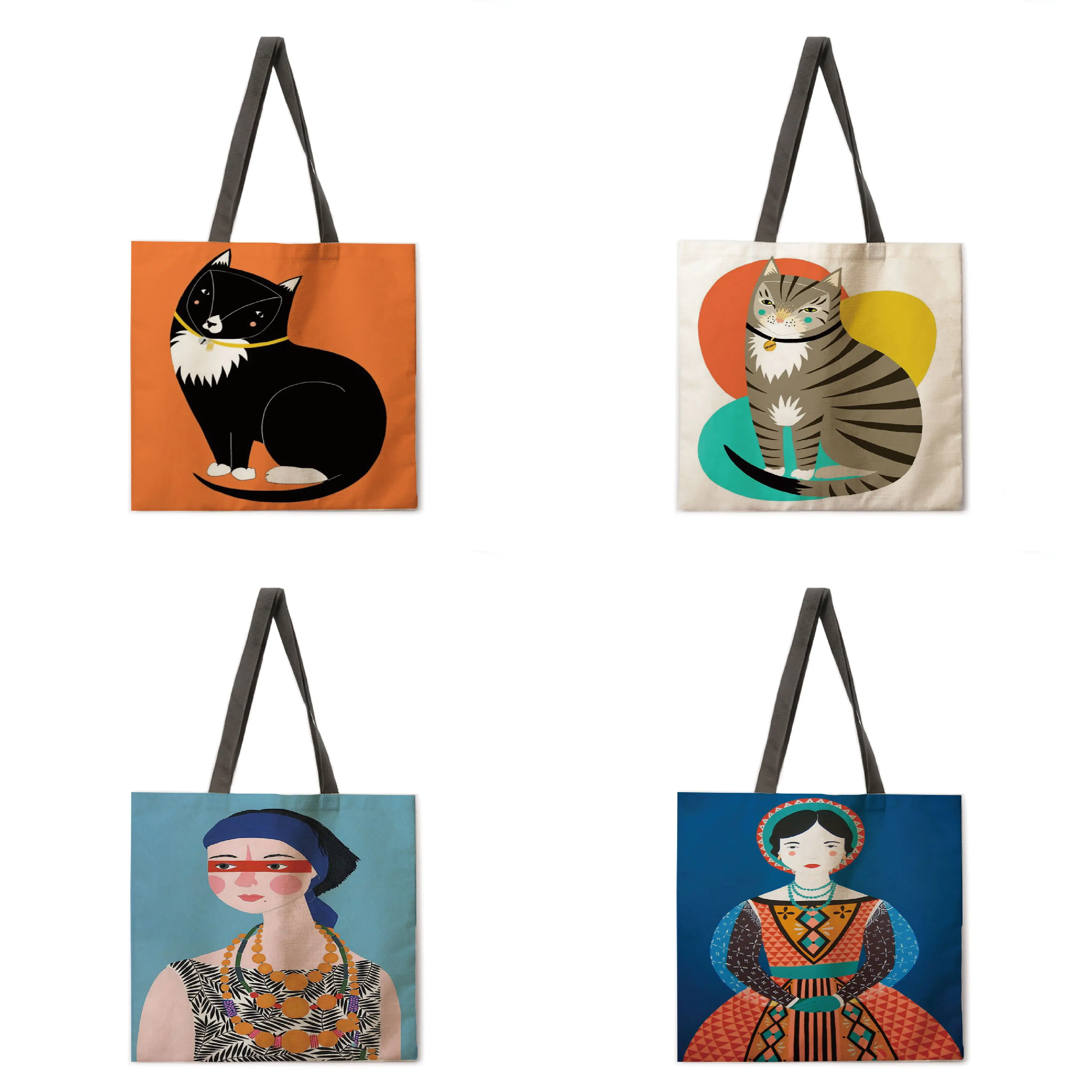 

Girls And Cat Cartoon Illustrations Printed Tote Bag Linen Febric Casual Tote Foldable Shopping Bag Reusable Beach Bag Hand Bag