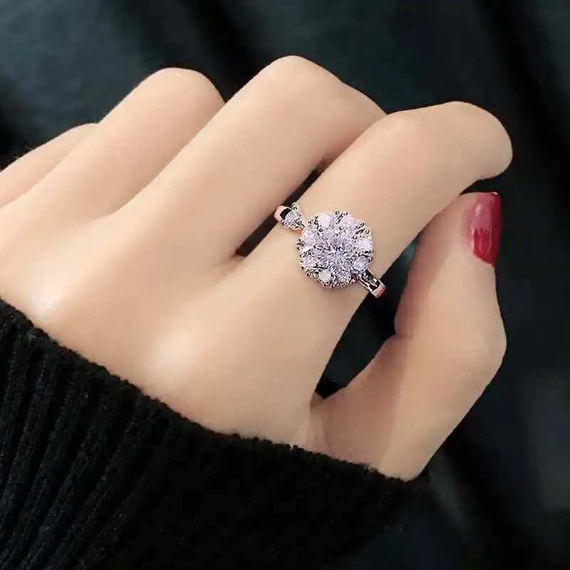 925 Sterling Silver Rotatable Zircon Rings For Women Sparkling Adjustable Open Ring Engagement Wedding Shiny Crystal | Украшения и