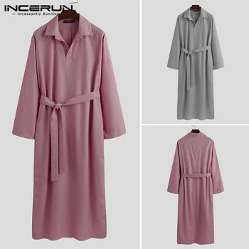

Leisure Solid Color Pyjamas Robes Men Long Sleeve Lapel Neck Sleepwear Comfy Night Dress Shirt With Belts Bathrobes 5XL INCERUN