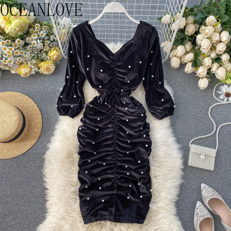 OCEANLOVE Sexy Party Dress Bodycon Social Retro Palace Style Solid Mini Dresses Women 2020 Velvet Pleated Vestidos Ladies13520 | Женская