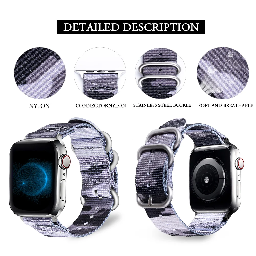 Нейлоновый ремешок для apple watch группа 5/4/3/2/1 Спортивный Камуфляжный Комплект из трех кольцо ремешок 42 мм, 38 мм, ремешок для Аксессуары для iwatch