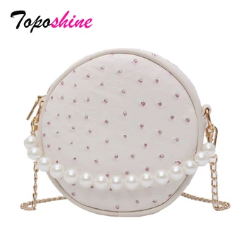 

Toposhine Raised Little Bit Barrel-shaped Shoulder Bag White Pearls Ladies Bag Leather Women Bags Chains Small Crossbody Bags