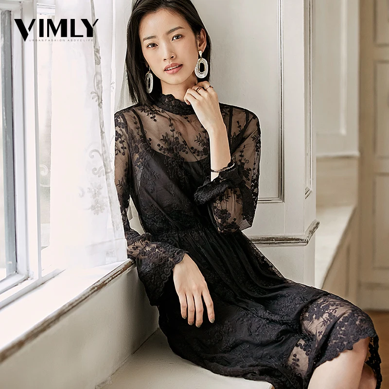 

Vimly Women Lace Mesh Transparent Midi Dress Female Chic Embroidery See Through Sexy Dresses Elegant Elastic Waist Dress
