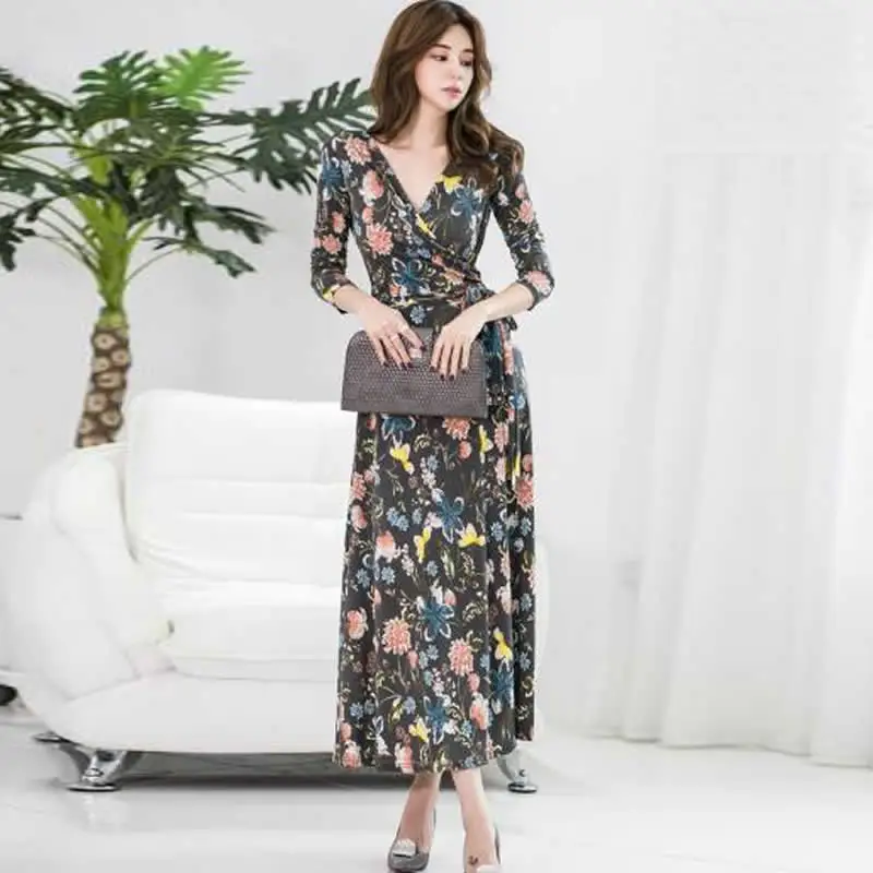 Autumn Flower Print V-Neck Women's Dress Swing Maxi Long Split Casual Loose Vestidos