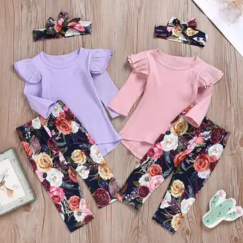 

2019 Spring Autumn Baby Girls 12M-4T Long Sleeve Solid Colour Dress + flower pant + headband 3PC Clothes set