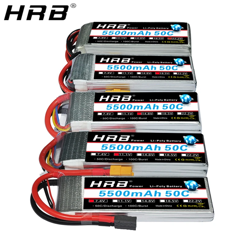 HRB يبو بطارية 5500mah 7.4V 2S 11.1V 50C T قابس عمداء XT60 RC أجزاء للطائرات Quadcopter سيارة 14.8V 4S 5S 6S 3S 18.5V 22.2V