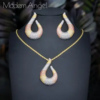 

ModemAngel Luxury Water Drop Full Micro Paved African Cubic Zirconia Necklace Earrings Women Indian Dubai Wedding Jewelry Sets