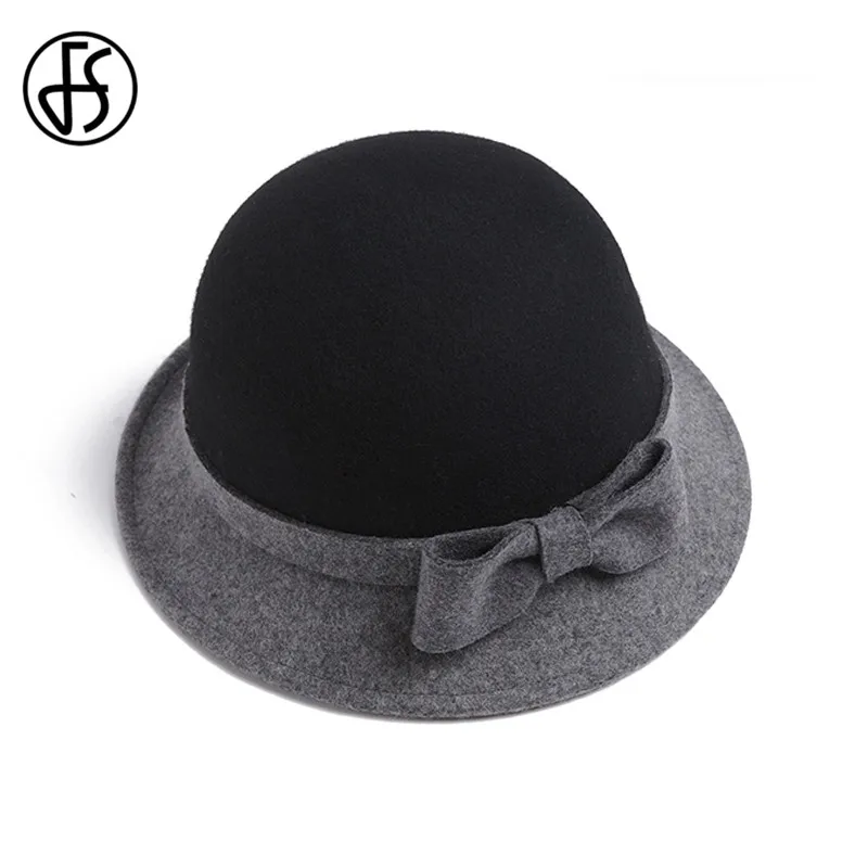 Женская винтажная шляпа котелок FS шерстяная с круглым котелком и бантом летняя