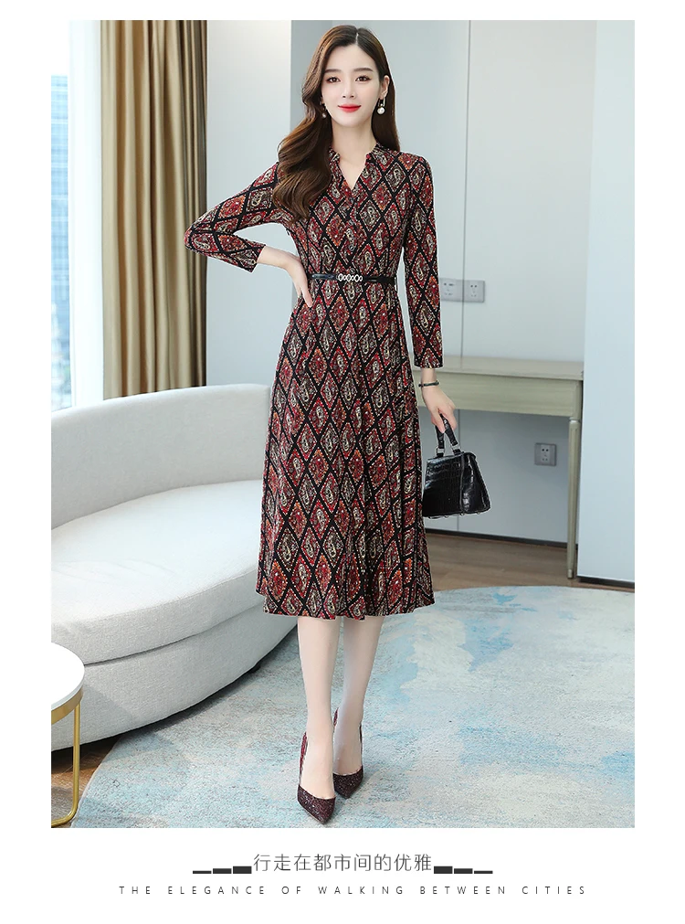 Plus Size Autumn Winter Long Sleeve Dresses 2020 Vintage Print Boho Casual Midi Dress Elegant Women Bodycon Party Maxi Vestidos