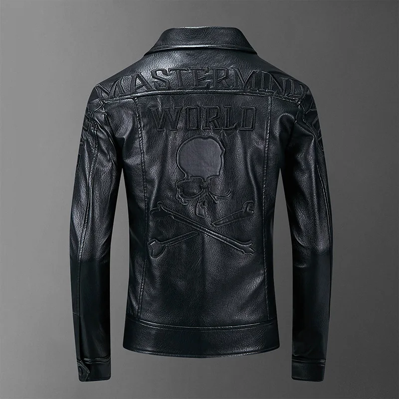 KIOVNO Men Skull Patter Leather Jackets Coats Letter Embroidery Faux Leather Jackets Outwear For Male Size M-3XL Black (1)