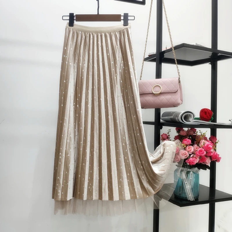Осень-зима, женские макси юбки, бархатные плиссированные юбки с сеткой, Лоскутная Женская юбка с высокой талией, эластичные длинные юбки - Цвет: Apricot