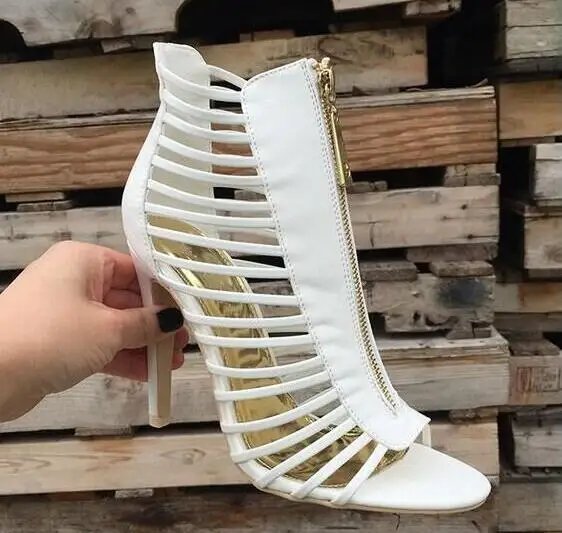 

Dipsloot Pure White Multi Bands Cuts Out Ankle Boots Woman Summer Gladiator Zipper Back Peep Toe Thin Heels Sandals Short Boots