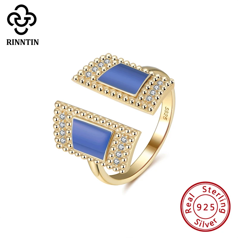 Rinntin чистый 100% 925 пробы Серебряный Синий Эмаль Блестящий AAAA цирконит Регулируемые