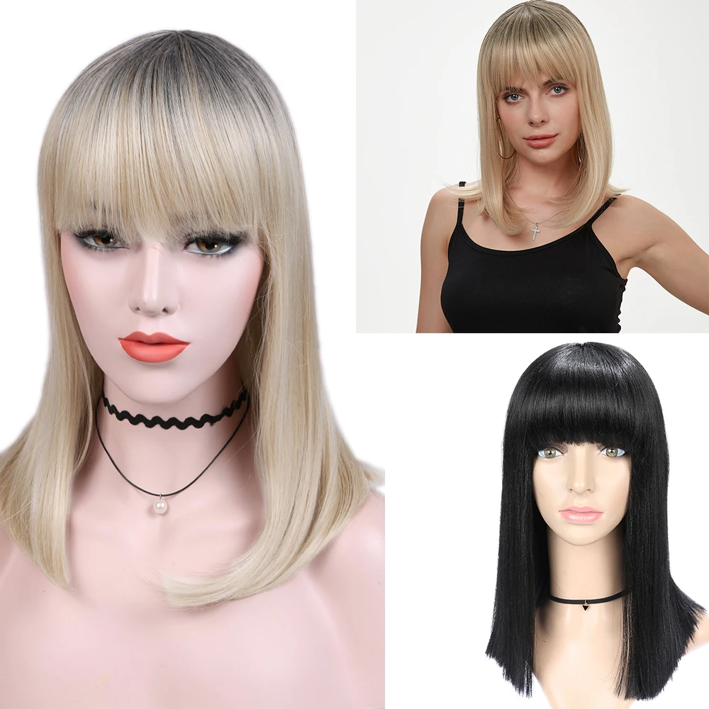 Fave короткие прямые волосы синтетический парик с челкой черный песочный блонд термостойкие волокна косплей для черных женщин парики