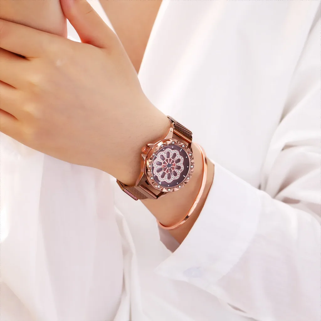 Роскошные женские часы, стразы, вращающийся циферблат, Дамская мода, кварцевые наручные часы с магнитной пряжкой на ремешке, повседневные часы, Reloj Mujer# L