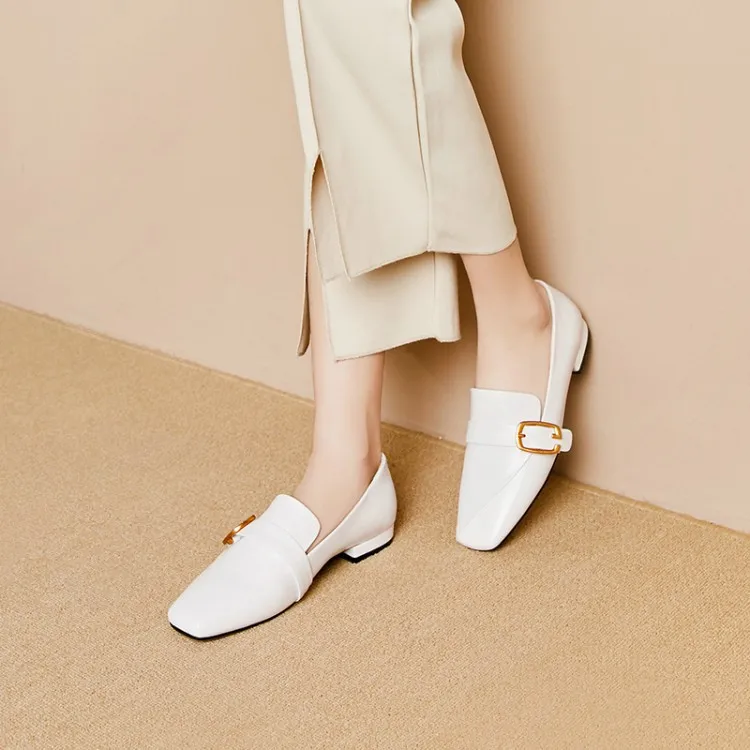 

2019 Spring And Autumn Square Head Low Chunky Heel Solid Color Metal Buckle Simple WOMEN'S Thin Shoes Tendon Outsole