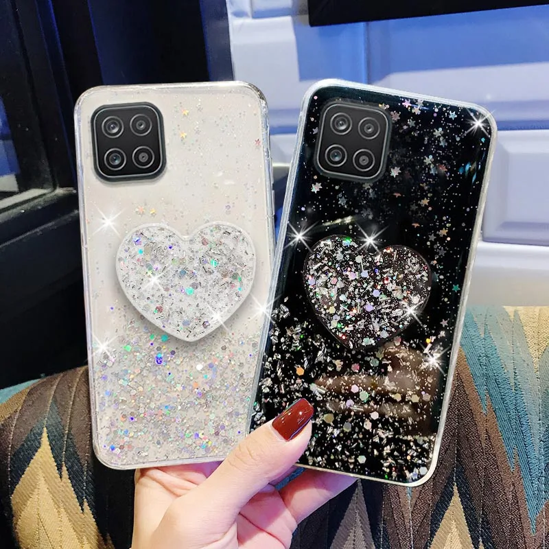 Glitter Heart Holder Case For Samsung Galaxy A12 Cases Luxury Bling Soft Phone Cover For Samsung A 12 125F 125 A125F A12_voghion.com