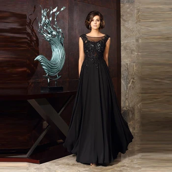 

2020 New Elegant Black Lace Applique Bateau Neckline Mother of the Bride Dresses Sleeveless Beaded Wedding Party Gowns